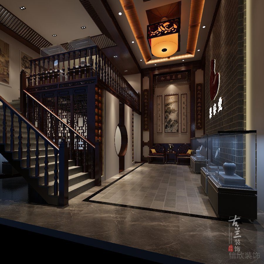 中醫(yī)館店鋪裝修中式深色木質(zhì)樓梯設(shè)計(jì)木雕效果圖