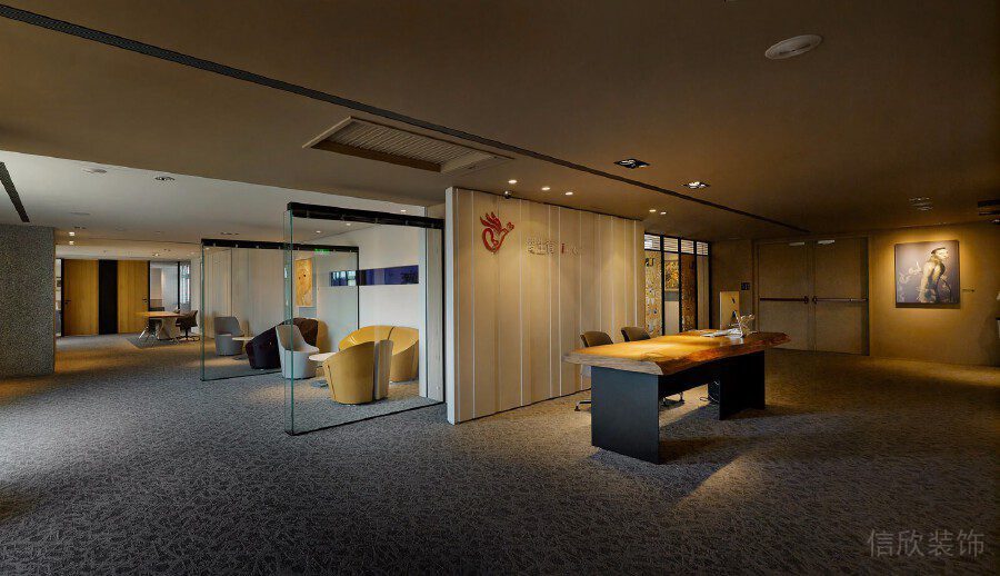 復(fù)古木質(zhì)辦公室裝修設(shè)計玻璃墻體隔斷大廳效果圖