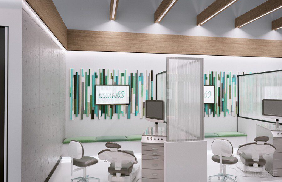 綠色條紋墻體3d裝飾設(shè)計(jì)辦公室牙科開(kāi)放式就診區(qū)