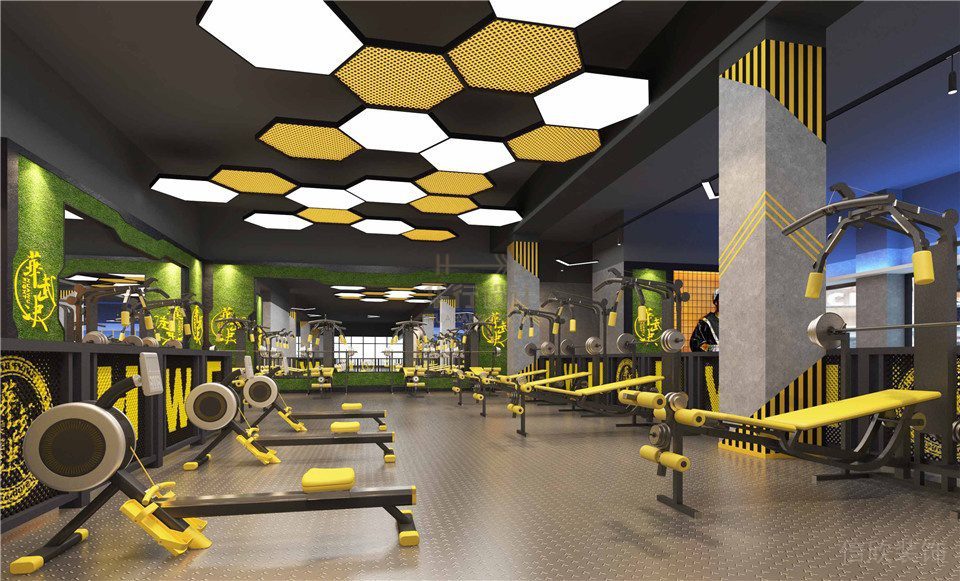 蜂窩式天花創(chuàng)意吊頂工業(yè)簡(jiǎn)潔風(fēng)健身房裝修設(shè)計(jì)鋼鐵地板