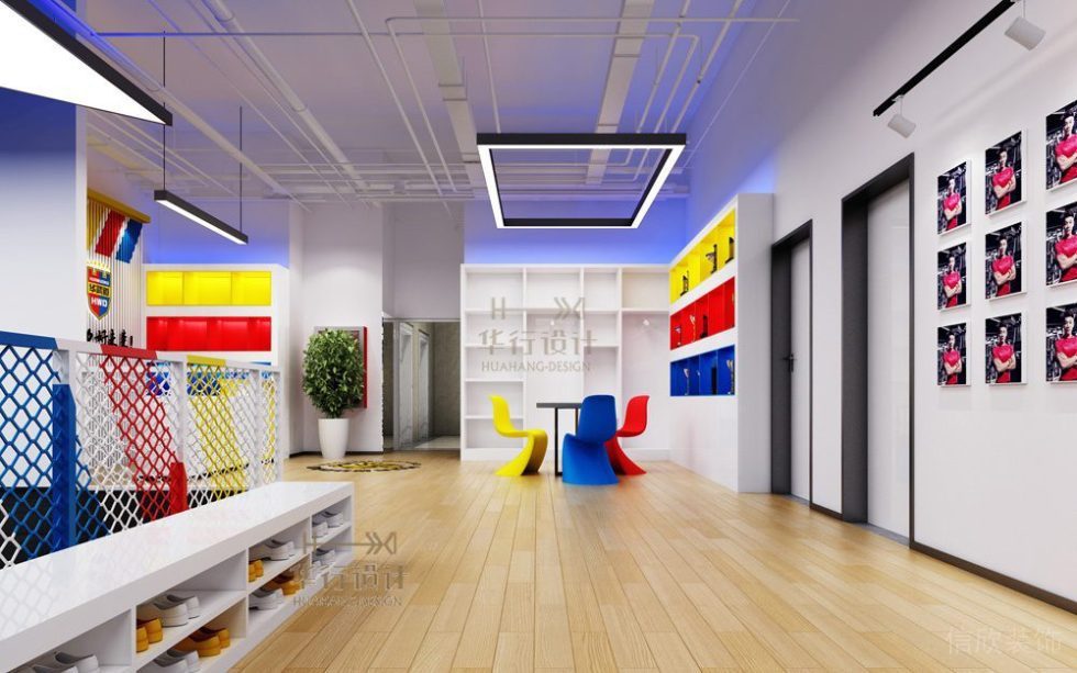 紅黃藍(lán)三原色健身房裝修設(shè)計(jì)簡(jiǎn)約風(fēng)墻柜木創(chuàng)意過(guò)道