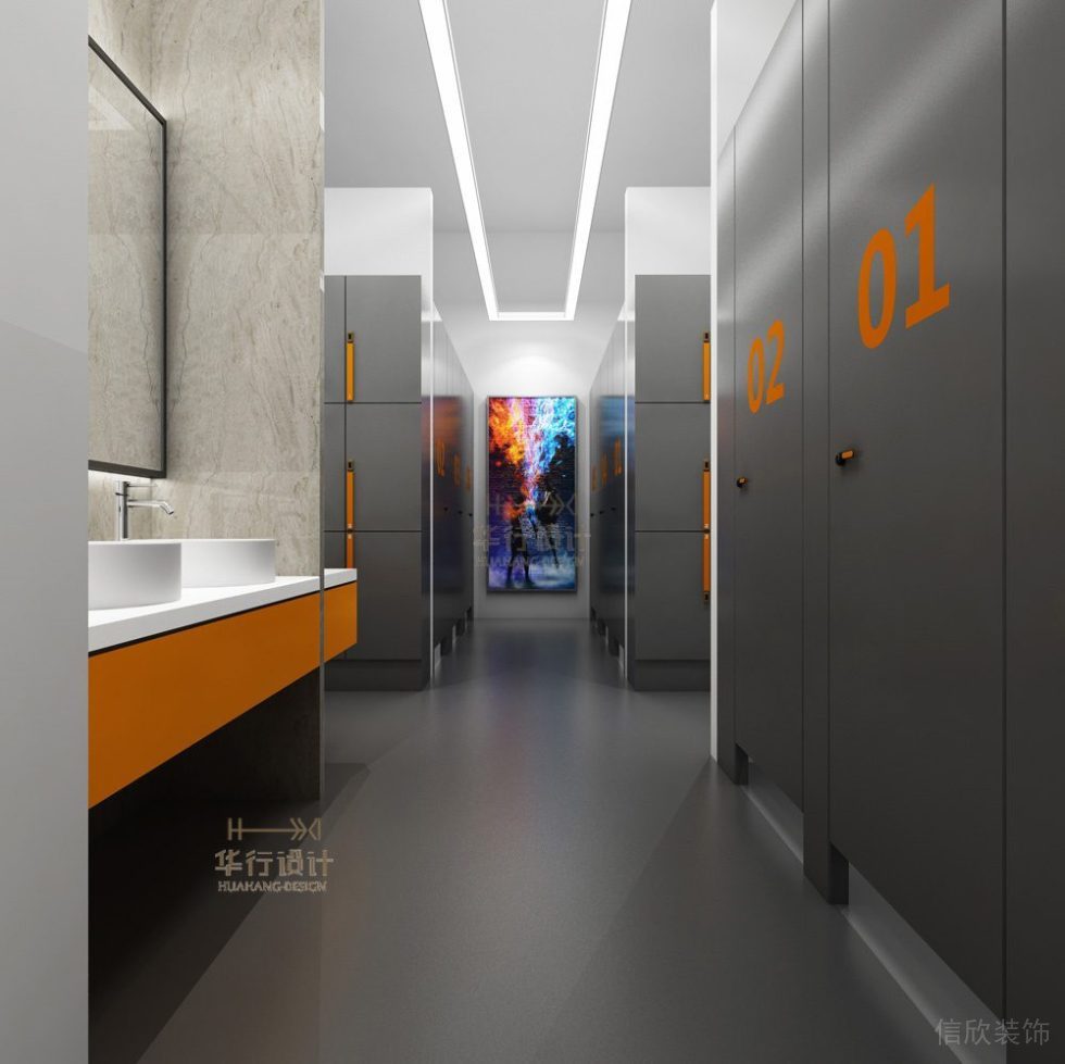 灰色橙色撞色設(shè)計(jì)衛(wèi)生間現(xiàn)代極簡(jiǎn)風(fēng)創(chuàng)意過道pvc防滑設(shè)計(jì)