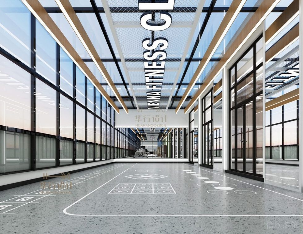 健身房開放式活動(dòng)室地板設(shè)計(jì)木質(zhì)天花鏤空墻體棕色玻璃隔斷