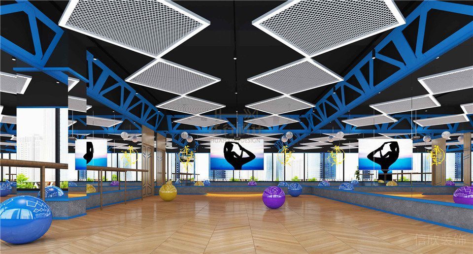 藍(lán)色瑜伽教室簡(jiǎn)約現(xiàn)代天花鏤空金屬洞洞板裝修設(shè)計(jì)