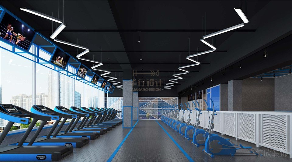 藍色智能跑步機現代簡約工業風健身房裝修效果