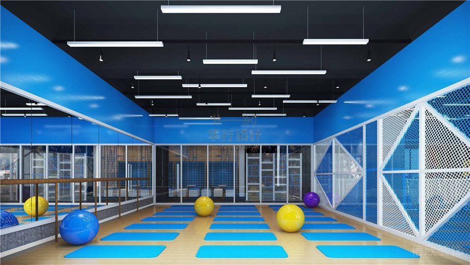 藍(lán)色瑜伽教室設(shè)計(jì)鏡面裝修