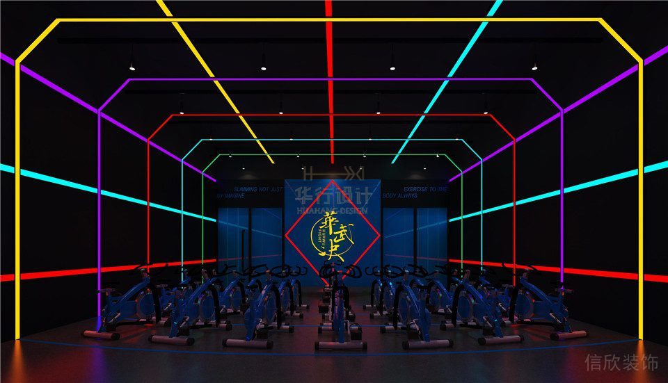 暗色動感單車彩色環形燈帶創意設計投影動感健身房