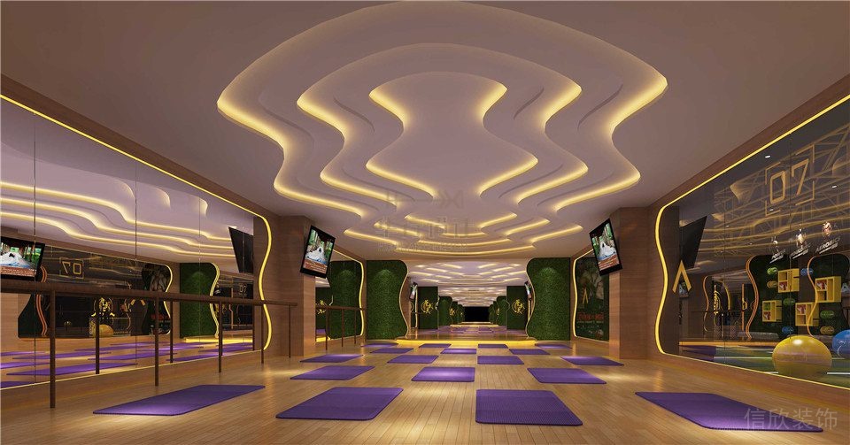 環(huán)形天花創(chuàng)意設(shè)計(jì)等待內(nèi)嵌式效果暖燈瑜伽培訓(xùn)機(jī)構(gòu)木質(zhì)地板裝修設(shè)計(jì)