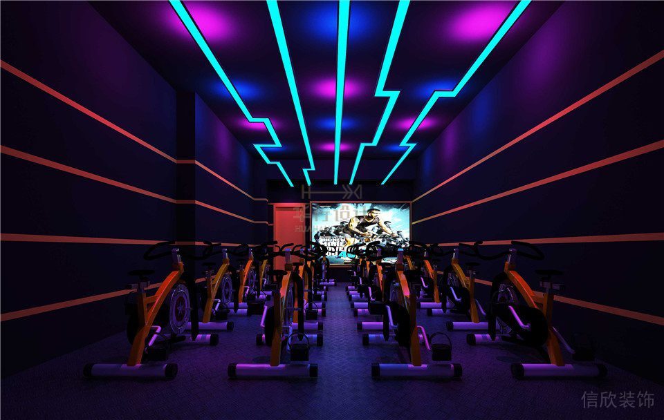 橙色線條墻體設計現代健身房裝修設計動感單車教室裝修