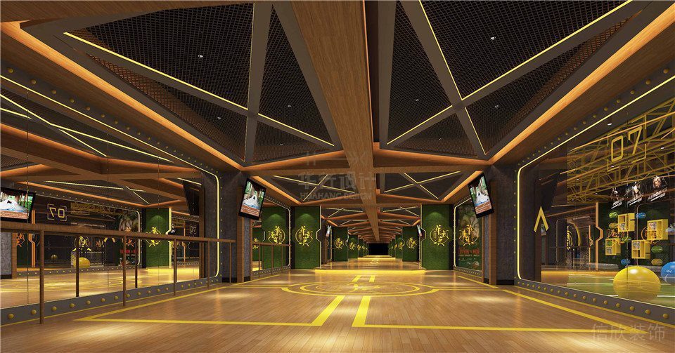 原木風(fēng)多功能教室瑜伽教室天花鏤空現(xiàn)代裝修