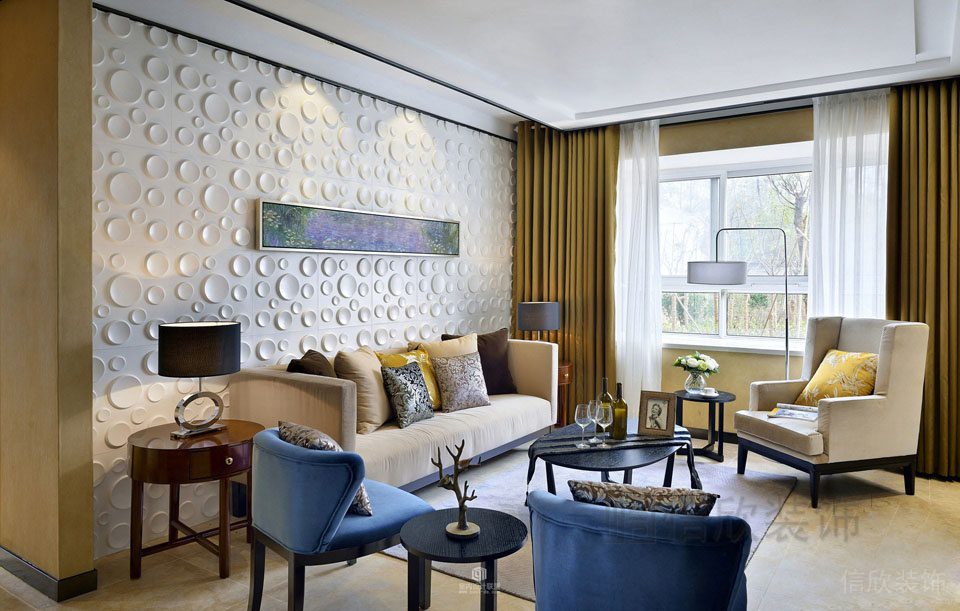 現代智能設計大廳效果圖休息區域皮革沙發洞洞墻體創意效果