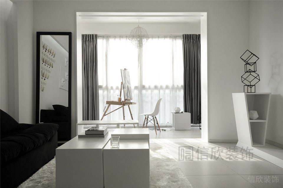 智能整裝客廳黑白色調(diào)現(xiàn)代簡(jiǎn)約風(fēng)大廳休息區(qū)落地窗金屬裝飾效果