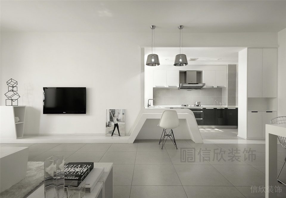 黑白色調(diào)極簡(jiǎn)風(fēng)設(shè)計(jì)線(xiàn)條客廳開(kāi)放式一體廚房就餐區(qū)
