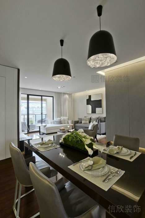 全屋定制整裝效果設計就餐區域大理石桌面天花創意吊頂黑白色調