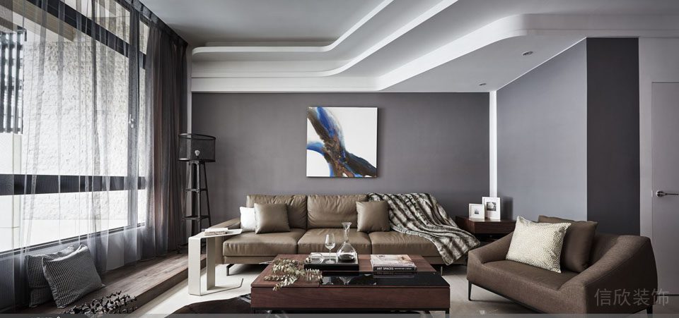 皮革棕色沙發(fā)環(huán)形層疊天花線條設(shè)計(jì)大廳裝修。