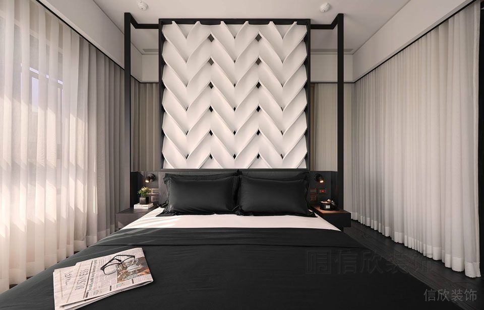 臥室裝修金屬黑色創(chuàng)意床頭柜定制一體式設計飄窗休息區(qū)大理石過道