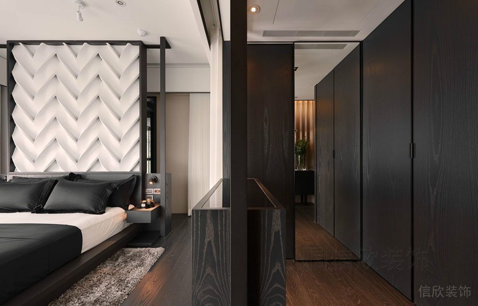 臥室裝修設計更衣室儲納柜墻體開放式隔斷黑白色調時尚現(xiàn)代簡約效果木質地板