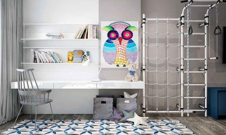 兒童房書桌創(chuàng)意設(shè)計(jì)懸掛活動(dòng)區(qū)攀巖娛樂瓷磚地板鋪貼效果圖。