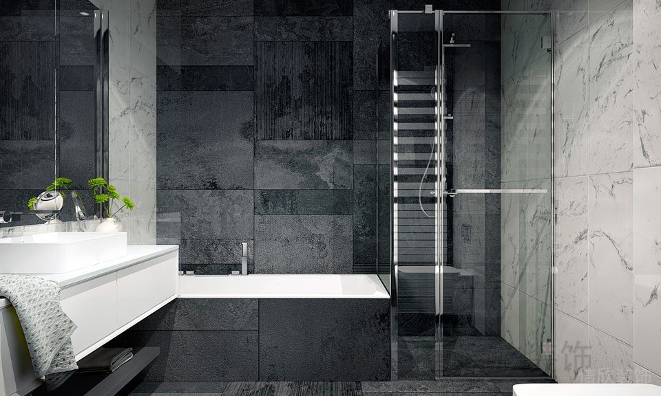 裝修設計衛生間干濕分離玻璃墻體隔斷浴缸日式簡約灰色瓷磚鋪貼效果大理石