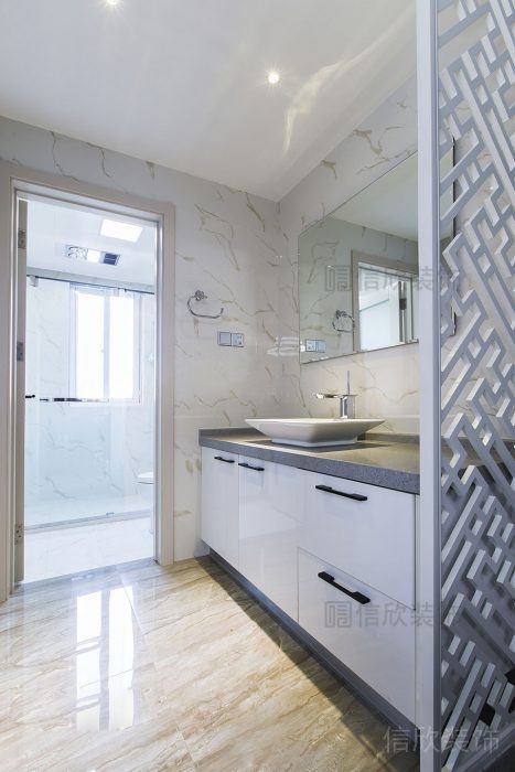 大理石通體設(shè)計(jì)瓷磚衛(wèi)生間洗手池干濕分離鏤空墻體隔斷