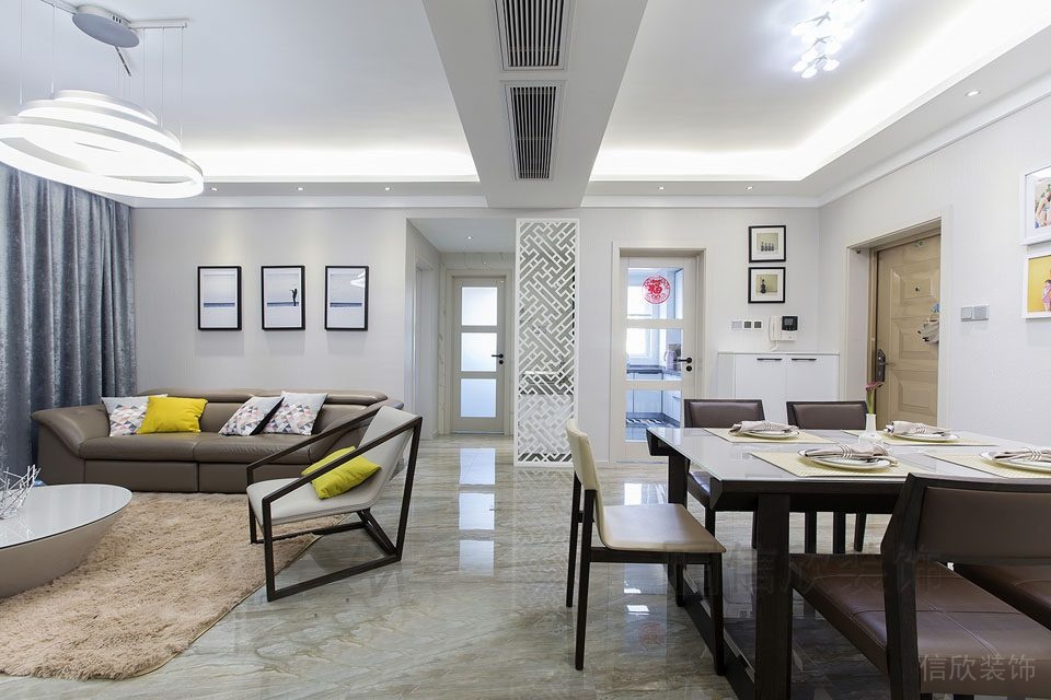 全屋整裝開(kāi)放區(qū)域餐廳廚房大理石地板現(xiàn)代裝修中央空調(diào)效果圖