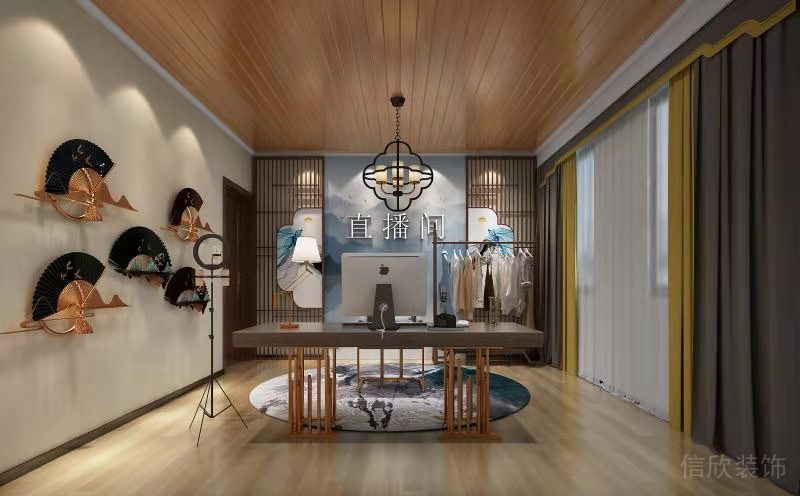 直播間古色古香場景搭建木質(zhì)天花國風(fēng)鏤空背景墻裝修