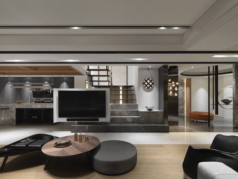 商務(wù)風(fēng)大理石階梯過(guò)道一樓大堂休息區(qū)黑白色調(diào)木質(zhì)地板拼貼大理石過(guò)道裝修圖