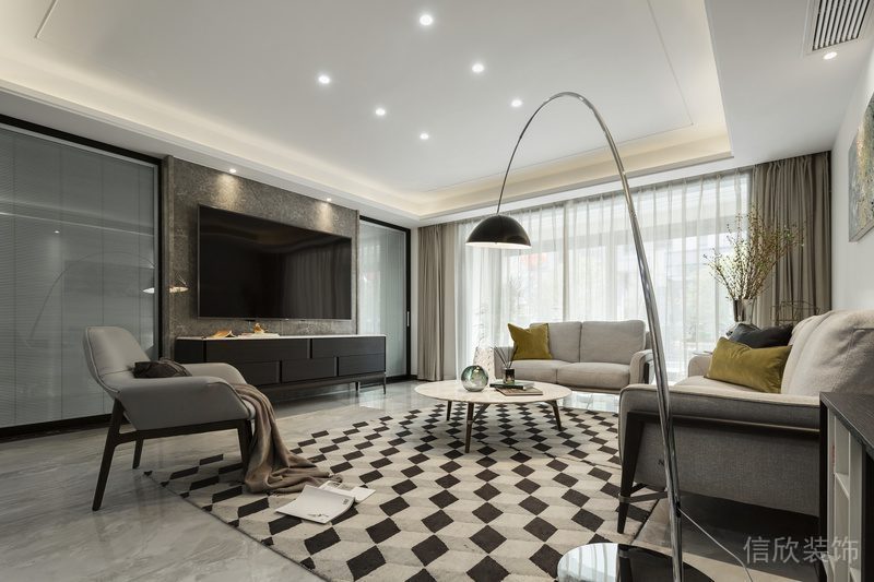 棋盤格裝修設計地毯效果圖客廳裝修布藝沙發裝修