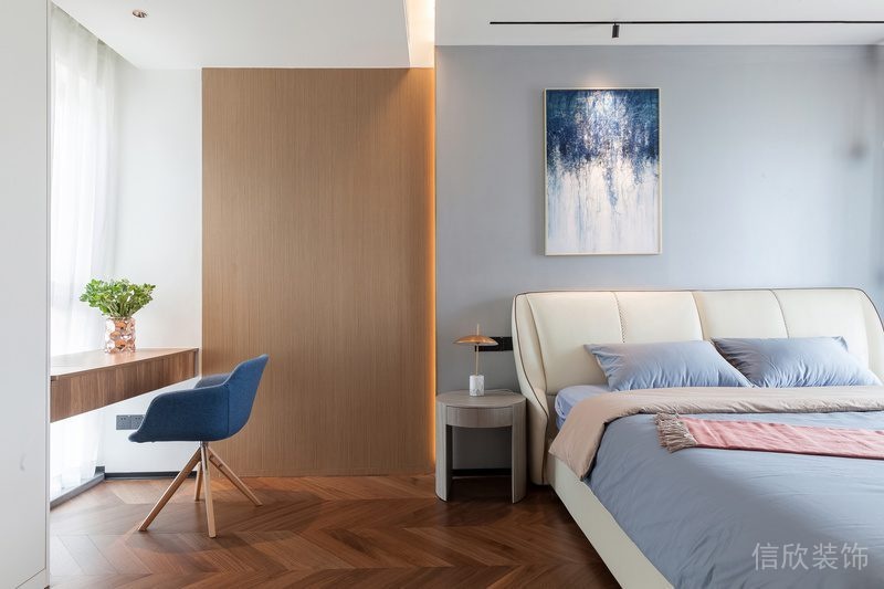 木質墻體設計藍色次臥兒童房休息區(qū)裝修設計圖