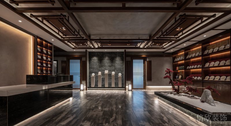 中式辦公室裝修效果圖大理石地板店鋪產(chǎn)品展示墻柜設(shè)計(jì)