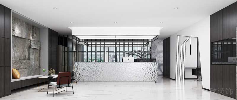 大理石地板創(chuàng)意鐳射金屬前臺(tái)桌裝修效果圖黑白色調(diào)前臺(tái)區(qū)裝修