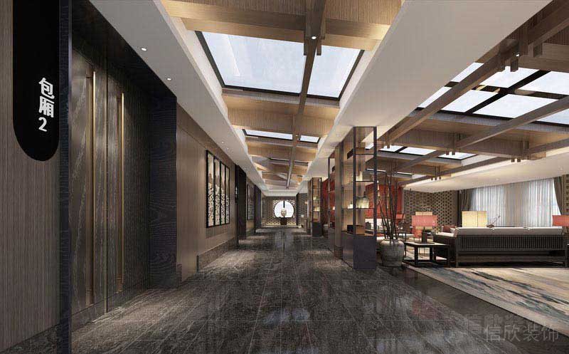 高級會所黑色地磚原木頂面休息區(qū)效果圖