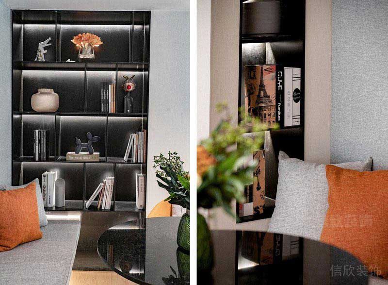 灰色墻面里的黑色簡(jiǎn)易書架效果