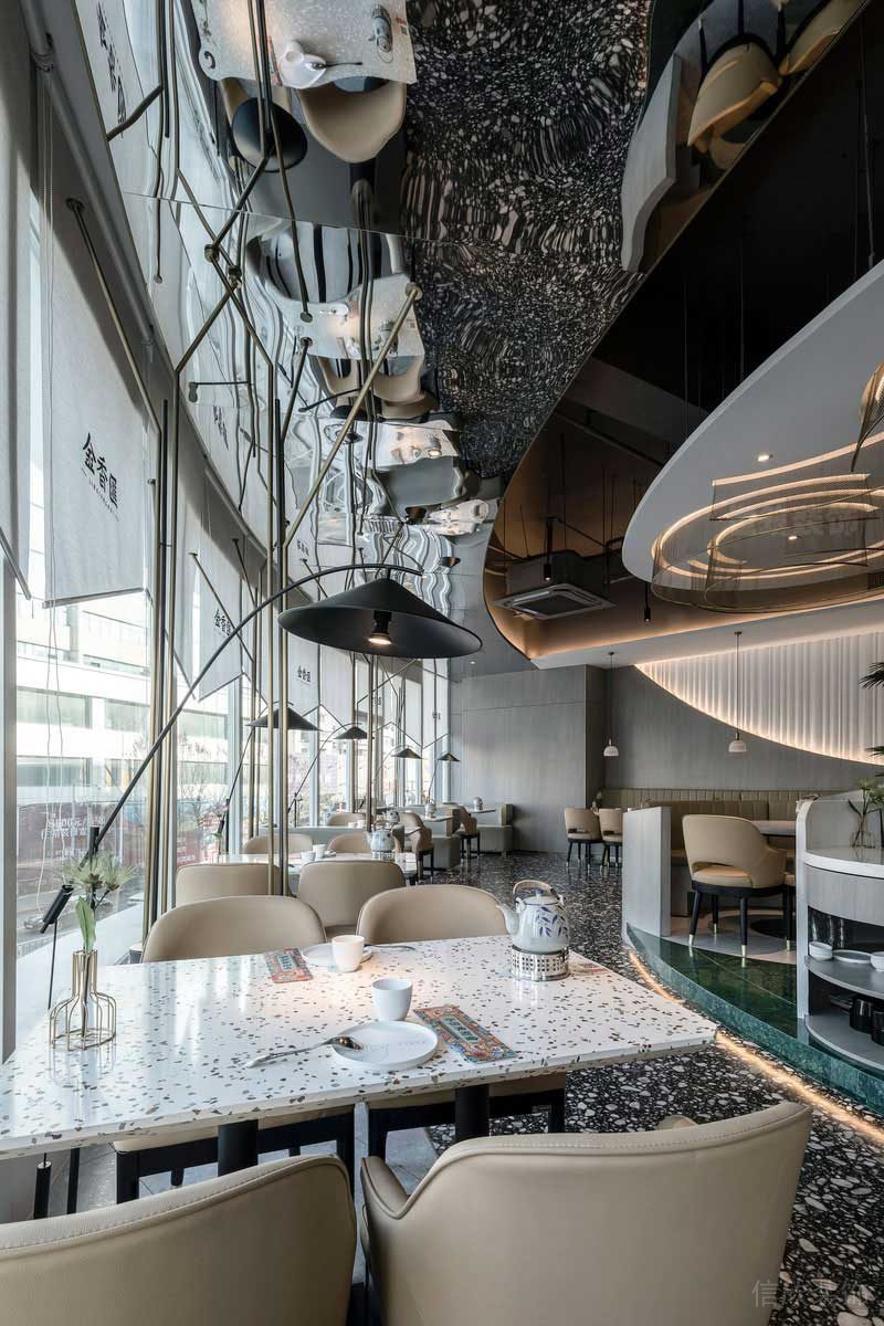 現(xiàn)代輕奢餐廳雅座水磨石餐桌