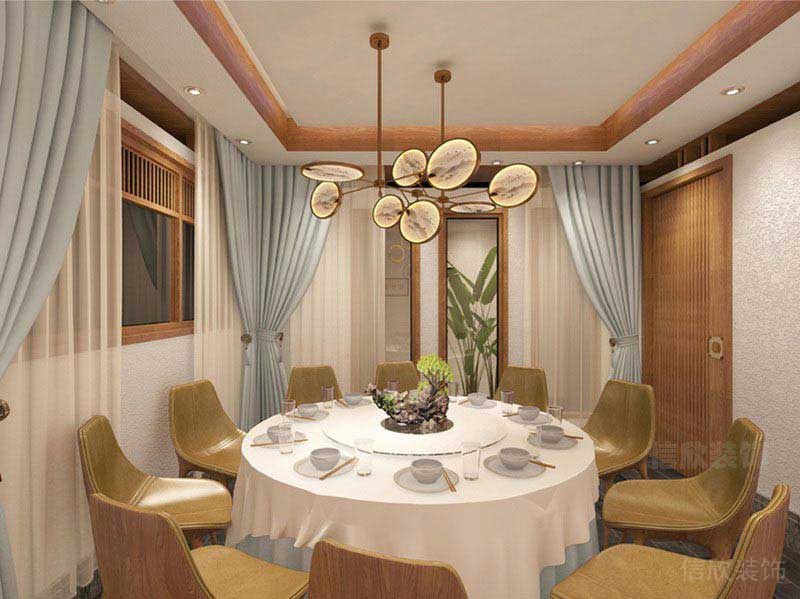 包廂裝修古典馬克龍色系圓桌木質(zhì)墻體門窗效果天花吊頂設(shè)計(jì)圖