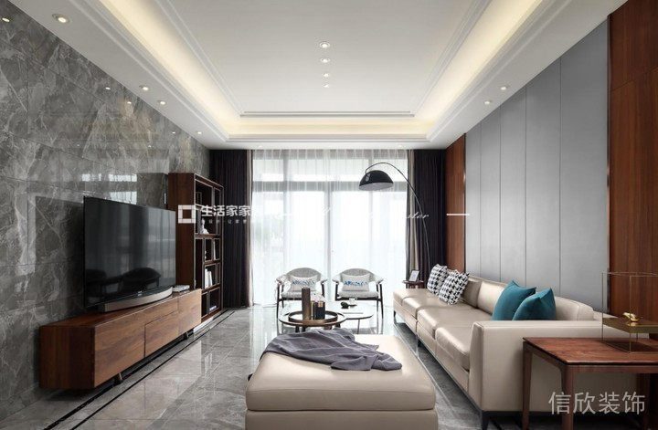 大理石墻體設計簡約商務風全屋定制皮革沙發效果圖