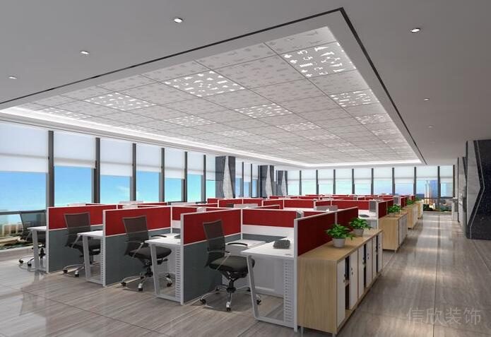 辦公室多人工位紅色場景隔斷簡約效果圖設(shè)計(jì)我半墻過道木質(zhì)地板