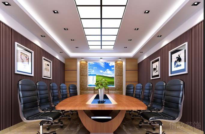 會議室直線式裝修效果圖原木風(fēng)柵格板條紋墻體設(shè)計天花裝修