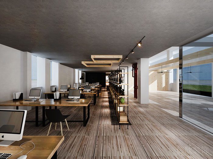 辦公室公共辦公區黃色的木紋辦公卡座