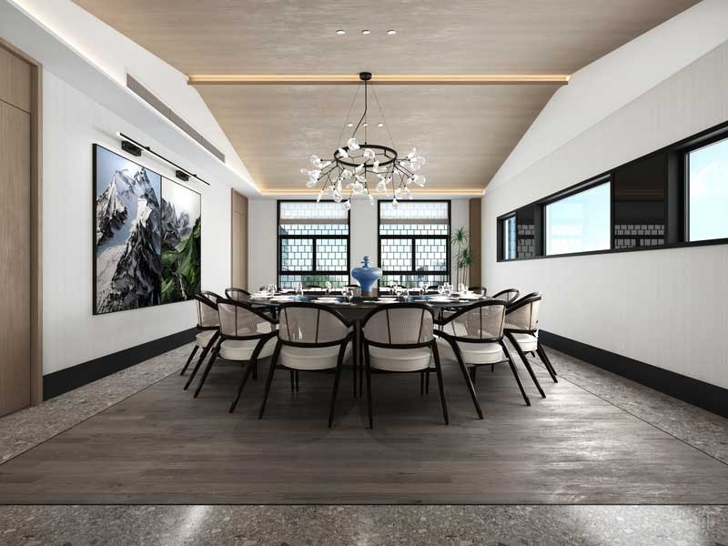 深圳鹽田區(qū)現(xiàn)代中式風(fēng)格辦公室裝修設(shè)計貴賓接待室用餐區(qū)