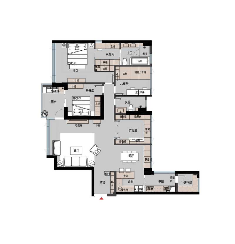 最終定稿平面布置圖,1.在玄關處增加鞋柜的功能,同時做隔斷,圍合式玄關,化解進門正對主臥門的問題。2.保留儲物間,將原生活陽臺擴大作為中廚功能,將原廚房改造為帶中島臺的西廚,將廚房功能進行劃分。3.靠近餐廳的房間在設計師的建議下做成目前的游戲房,活動室和臨時客房使用,將動靜區劃分。4.主臥在保證主衛的舒適尺度下擴大衣帽間的區域,衣帽間共做三排大衣柜,大大增加收納空間。同時各個房間的儲物空間也逐步增加,但在公共區域部分做了適當的儲物后還是以舒適休閑家庭聚會為主沒有處處都堆滿儲物柜造成擁擠的視覺感。 最終定稿平面布置圖,1.在玄關處增加鞋柜的功能,同時做隔斷,圍合式玄關,化解進門正對主臥門的問題。2.保留儲物間,將原生活陽臺擴大作為中廚功能,將原廚房改造為帶中島臺的西廚,將廚房功能進行劃分。3.靠近餐廳的房間在設計師的建議下做成目前的游戲房,活動室和臨時客房使用,將動靜區劃分。4.主臥在保證主衛的舒適尺度下擴大衣帽間的區域,衣帽間共做三排大衣柜,大大增加收納空間。同時各個房間的儲物空間也逐步增加,但在公共區域部分做了適當的儲物后還是以舒適休閑家庭聚會為主沒有處處都堆滿儲物柜造成擁擠的視覺感。