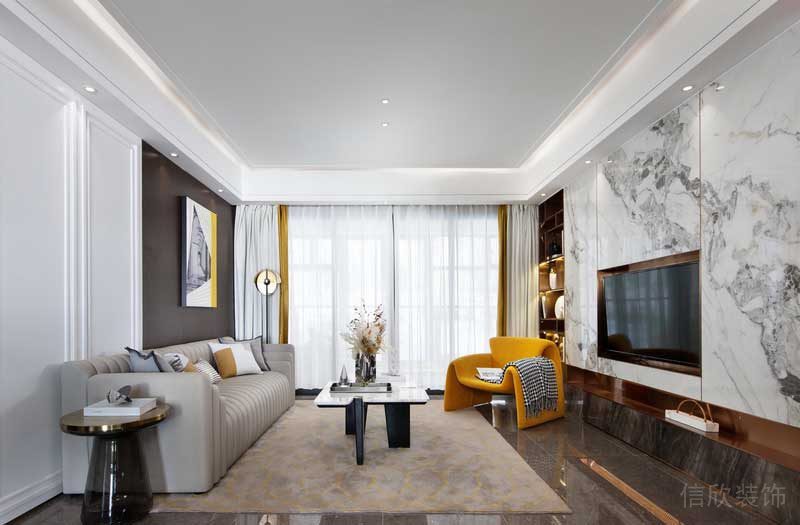 輕奢風沙發(fā)皮革裝修客廳地毯設計大理石效果