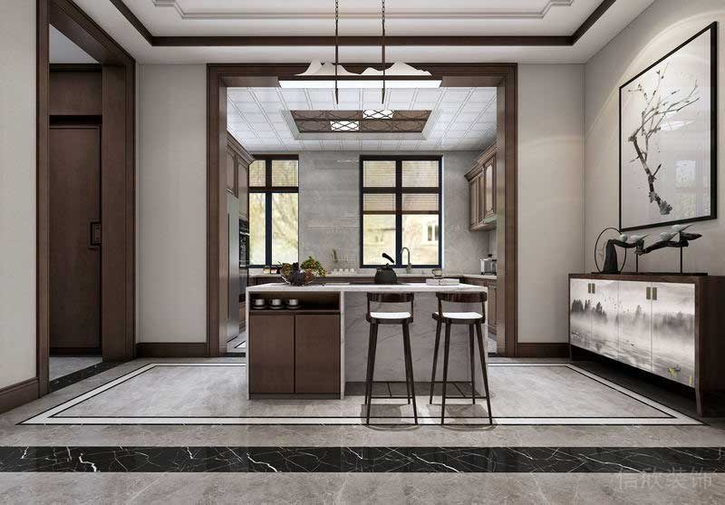 中式風(fēng)黑色大理石邊框天花吊頂環(huán)形棕色木質(zhì)設(shè)計茶水間