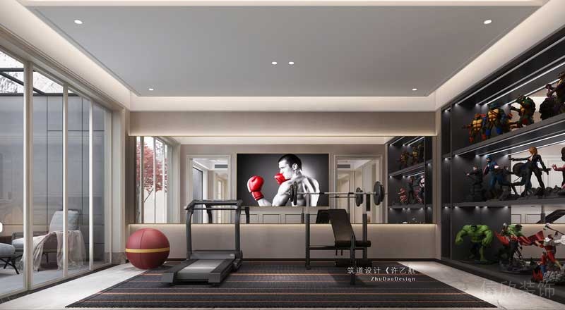 健身房在滿足男主人健身需求的同時，通過一面手辦墻的形式，表現出了男主人的愛好；健身房外的觀景庭又與干景相連，偶爾坐在沙發上觀景，意境十足。