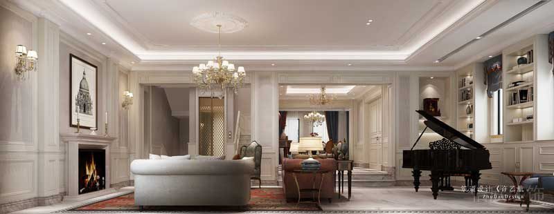 客廳作為重中之重的區域，取消了傳統電視機和電視機柜的組合，通過霧化壁爐及裝飾畫，讓客廳成為一個一家人溝通交流的地方，而小朋友練琴是需要大人陪伴聆聽的，所以我們在沙發后放置三角鋼琴，滿足觀賞性的同時，又給予了小朋友與大人陪伴的空間。