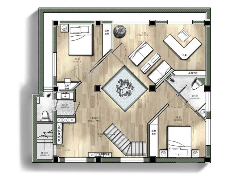 鹽田區極簡風格辦公室裝修設計二層彩色平面布置圖 鹽田區極簡風格辦公室裝修設計二層彩色平面布置圖