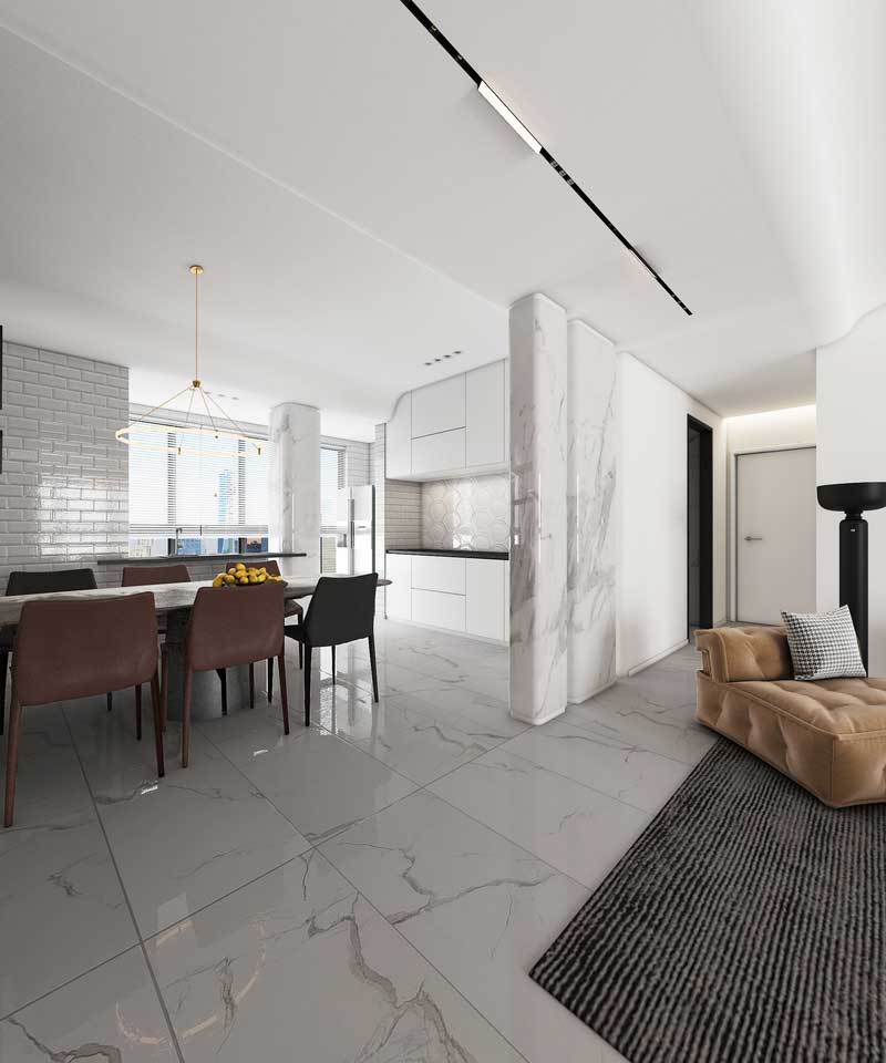 深圳碧桂園現(xiàn)代風(fēng)格樣板間裝修設(shè)計客廳大理石屏風(fēng)隔斷