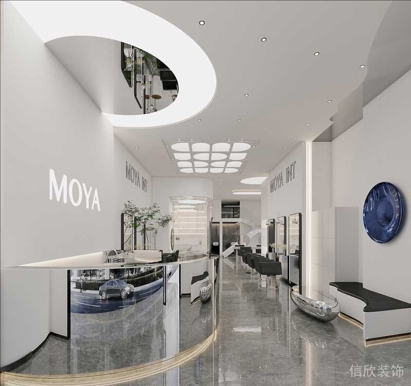 金屬弧線辦公室前臺(tái)區(qū)設(shè)計(jì)發(fā)廊工作室發(fā)型設(shè)計(jì)大廳