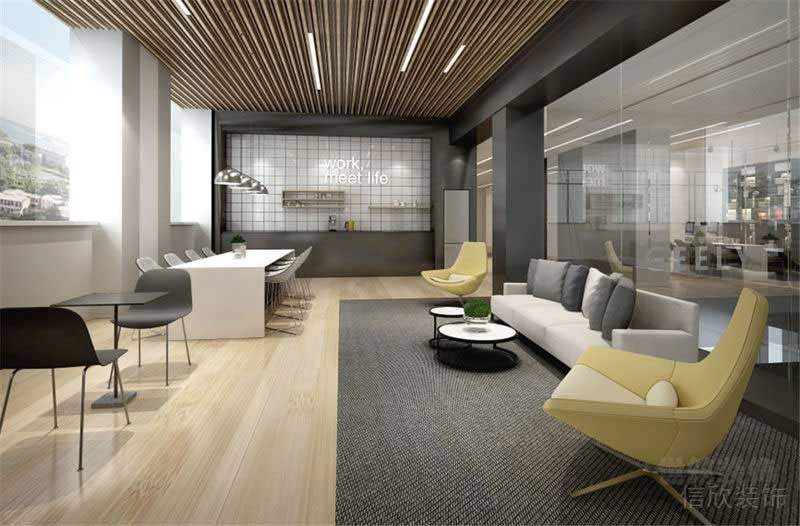 辦公室撞色隱形地板分區(qū)木質(zhì)面鏤空工業(yè)風(fēng)現(xiàn)代簡約效果洽談室