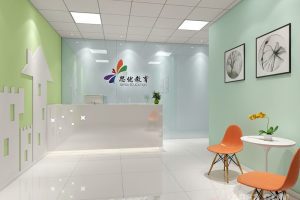培訓機構裝修設計馬卡龍色系光面地板墻體效果圖大廳休息區